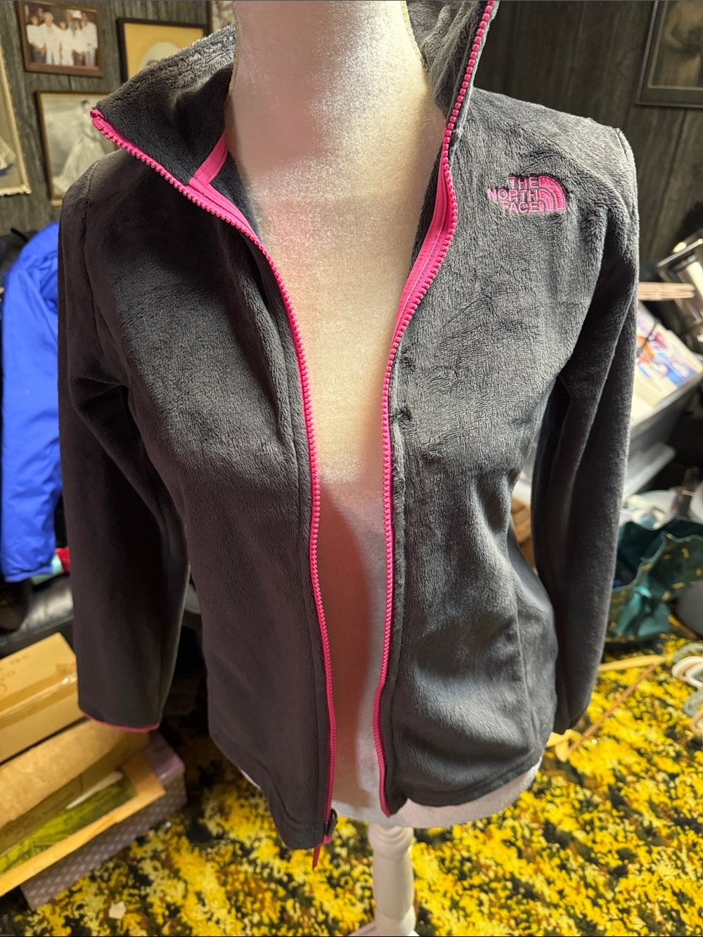 The North Face Charcoal Gray Fleece Jacket with Pink Trim